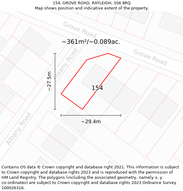 154, GROVE ROAD, RAYLEIGH, SS6 8RQ: Plot and title map