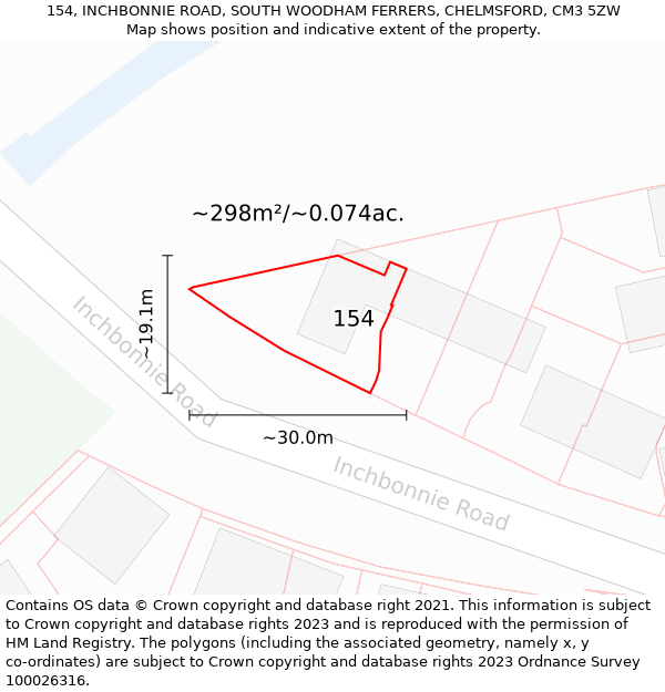 154, INCHBONNIE ROAD, SOUTH WOODHAM FERRERS, CHELMSFORD, CM3 5ZW: Plot and title map