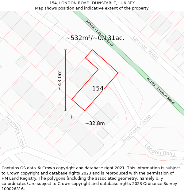 154, LONDON ROAD, DUNSTABLE, LU6 3EX: Plot and title map