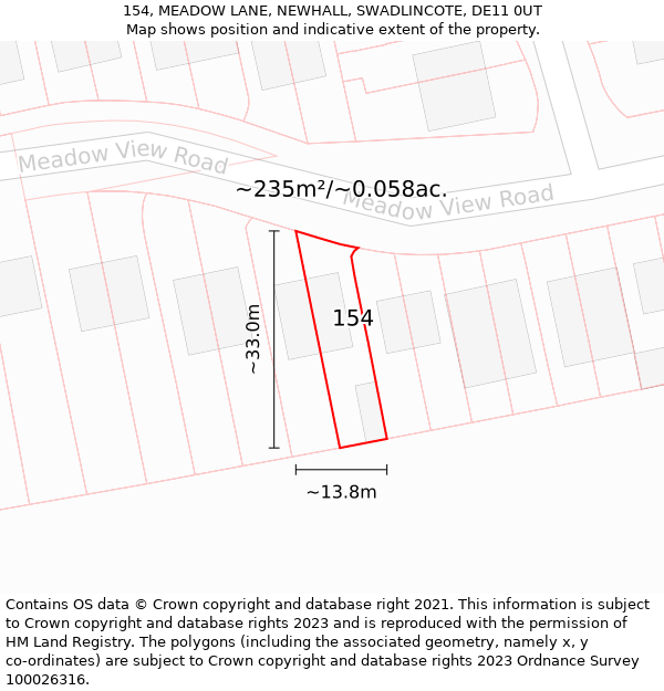 154, MEADOW LANE, NEWHALL, SWADLINCOTE, DE11 0UT: Plot and title map