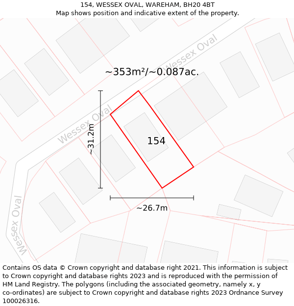 154, WESSEX OVAL, WAREHAM, BH20 4BT: Plot and title map