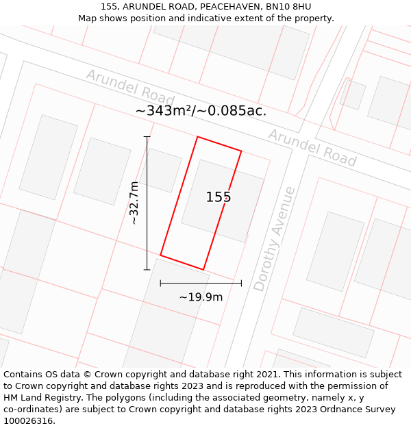 155, ARUNDEL ROAD, PEACEHAVEN, BN10 8HU: Plot and title map