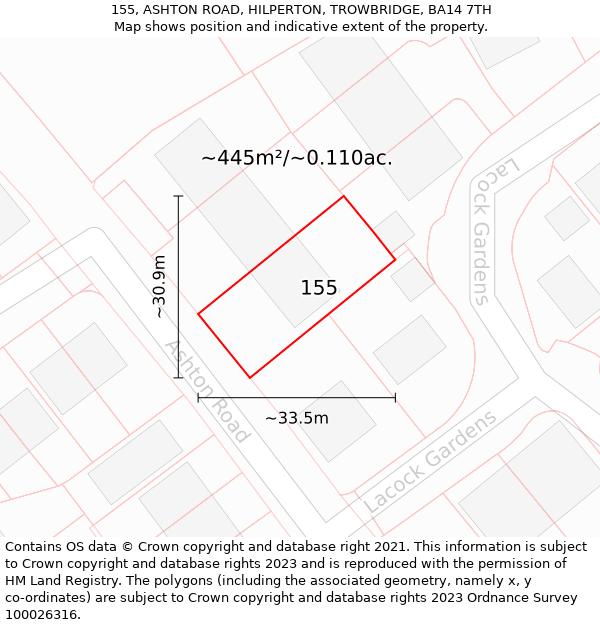 155, ASHTON ROAD, HILPERTON, TROWBRIDGE, BA14 7TH: Plot and title map