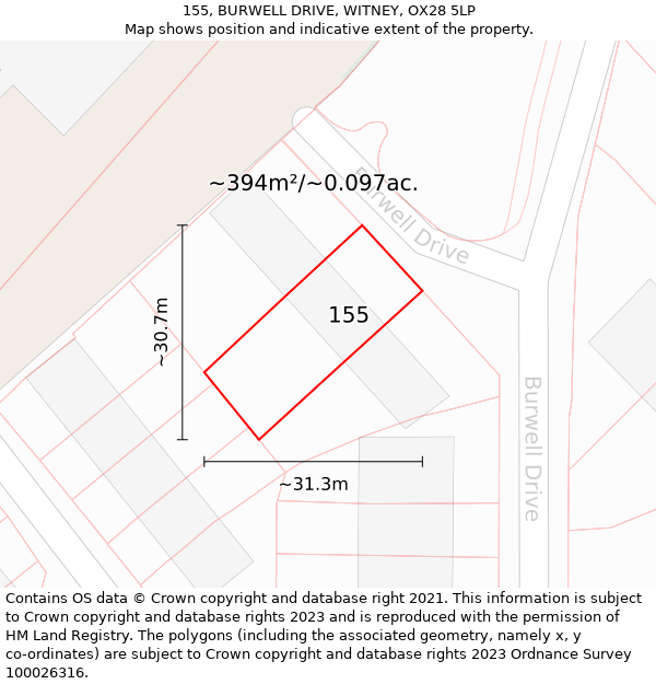 155, BURWELL DRIVE, WITNEY, OX28 5LP: Plot and title map