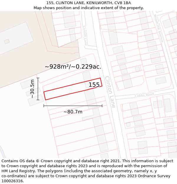 155, CLINTON LANE, KENILWORTH, CV8 1BA: Plot and title map