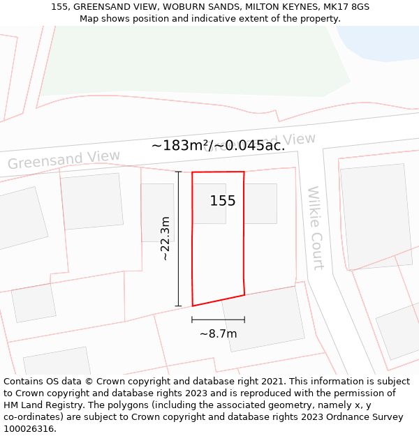 155, GREENSAND VIEW, WOBURN SANDS, MILTON KEYNES, MK17 8GS: Plot and title map