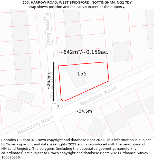 155, HARROW ROAD, WEST BRIDGFORD, NOTTINGHAM, NG2 7DY: Plot and title map