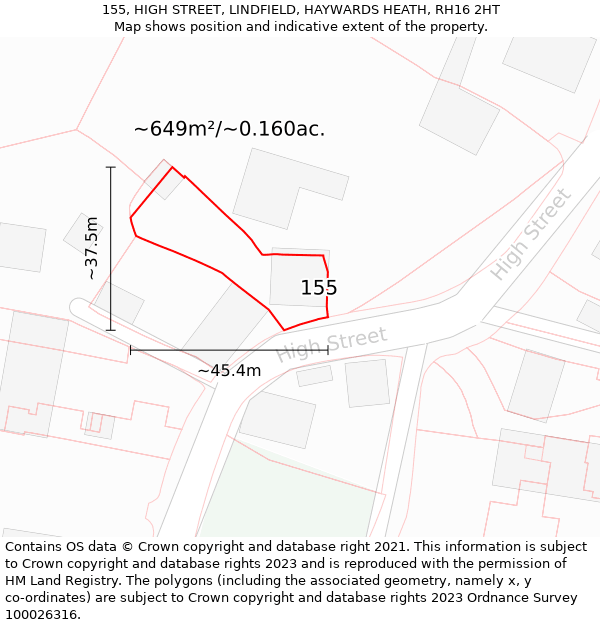 155, HIGH STREET, LINDFIELD, HAYWARDS HEATH, RH16 2HT: Plot and title map