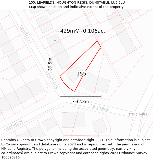 155, LEAFIELDS, HOUGHTON REGIS, DUNSTABLE, LU5 5LU: Plot and title map