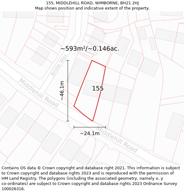 155, MIDDLEHILL ROAD, WIMBORNE, BH21 2HJ: Plot and title map