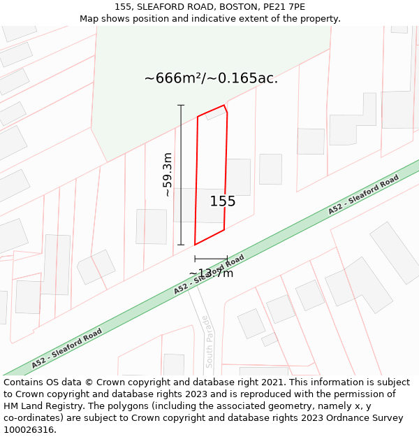 155, SLEAFORD ROAD, BOSTON, PE21 7PE: Plot and title map