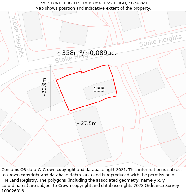 155, STOKE HEIGHTS, FAIR OAK, EASTLEIGH, SO50 8AH: Plot and title map