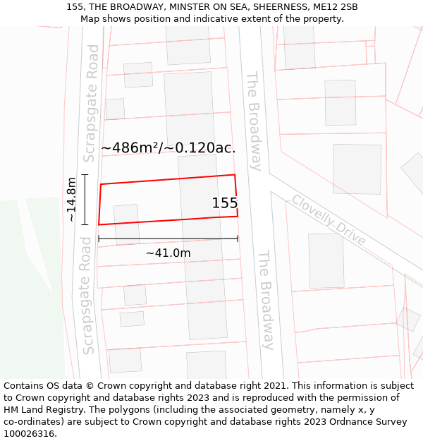 155, THE BROADWAY, MINSTER ON SEA, SHEERNESS, ME12 2SB: Plot and title map