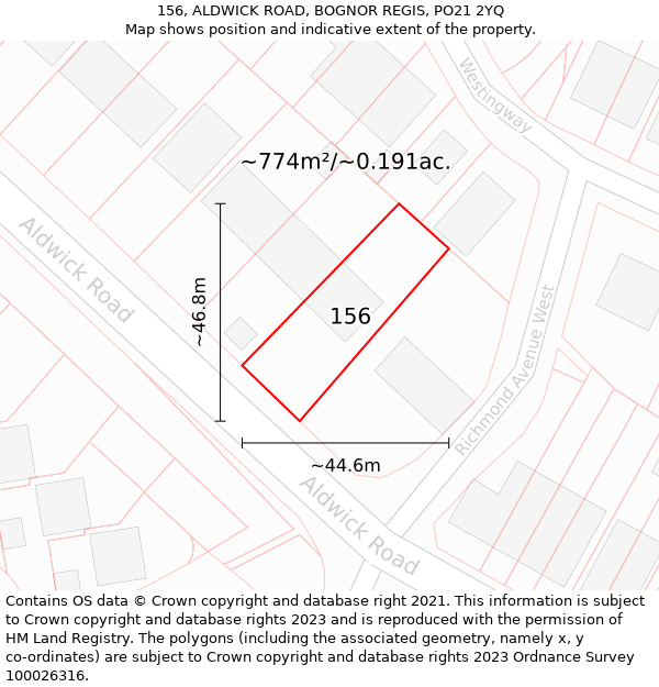 156, ALDWICK ROAD, BOGNOR REGIS, PO21 2YQ: Plot and title map