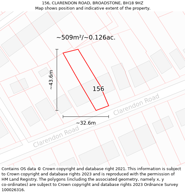 156, CLARENDON ROAD, BROADSTONE, BH18 9HZ: Plot and title map