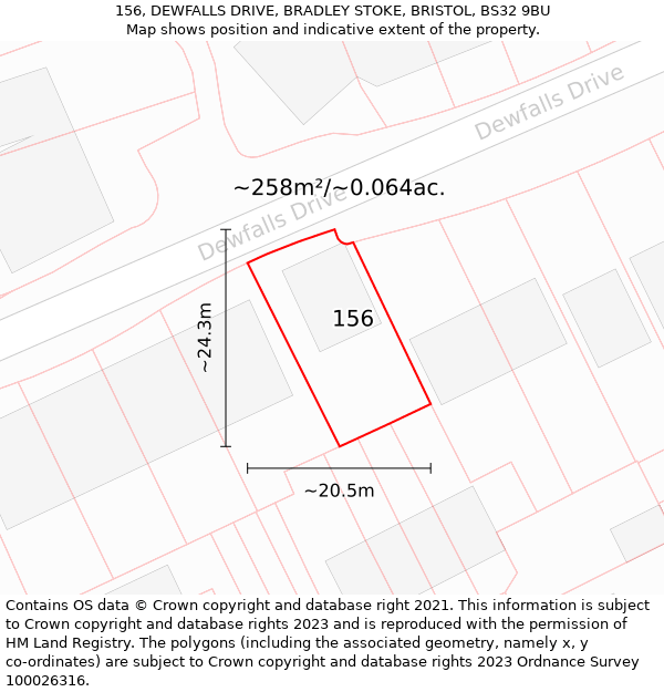 156, DEWFALLS DRIVE, BRADLEY STOKE, BRISTOL, BS32 9BU: Plot and title map