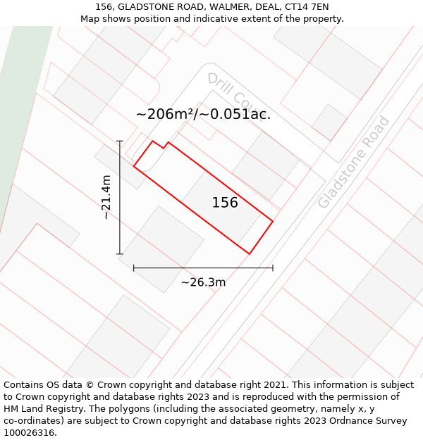 156, GLADSTONE ROAD, WALMER, DEAL, CT14 7EN: Plot and title map