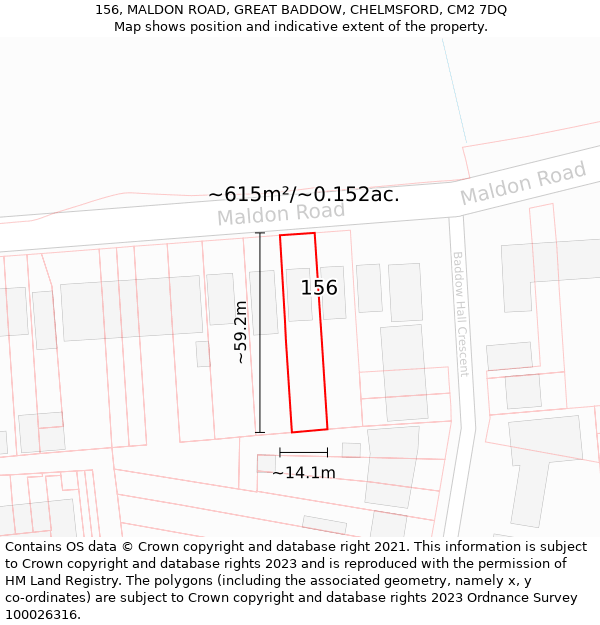 156, MALDON ROAD, GREAT BADDOW, CHELMSFORD, CM2 7DQ: Plot and title map