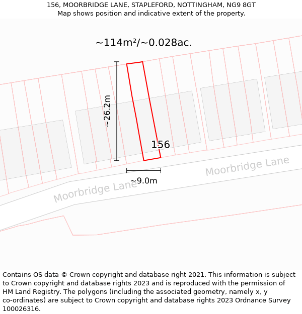 156, MOORBRIDGE LANE, STAPLEFORD, NOTTINGHAM, NG9 8GT: Plot and title map