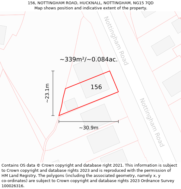 156, NOTTINGHAM ROAD, HUCKNALL, NOTTINGHAM, NG15 7QD: Plot and title map