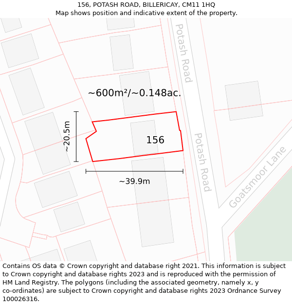 156, POTASH ROAD, BILLERICAY, CM11 1HQ: Plot and title map