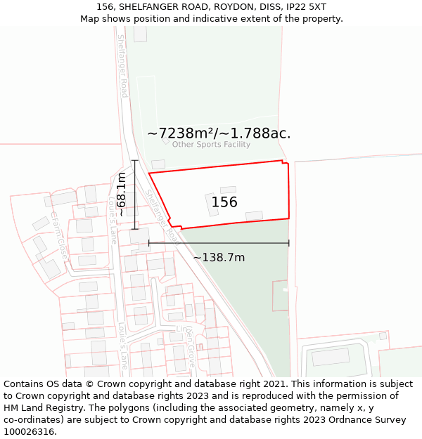 156, SHELFANGER ROAD, ROYDON, DISS, IP22 5XT: Plot and title map