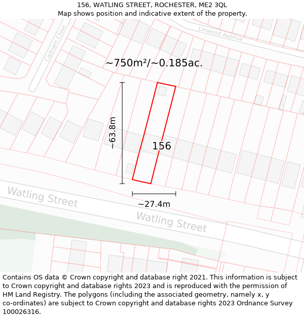 156, WATLING STREET, ROCHESTER, ME2 3QL: Plot and title map