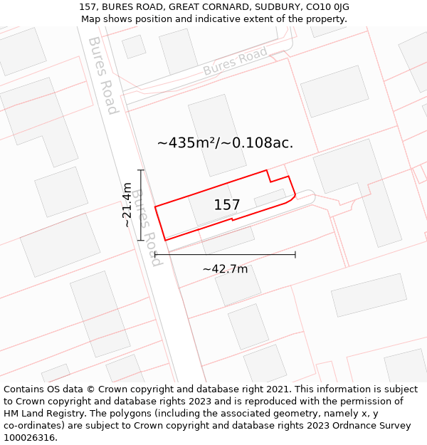 157, BURES ROAD, GREAT CORNARD, SUDBURY, CO10 0JG: Plot and title map