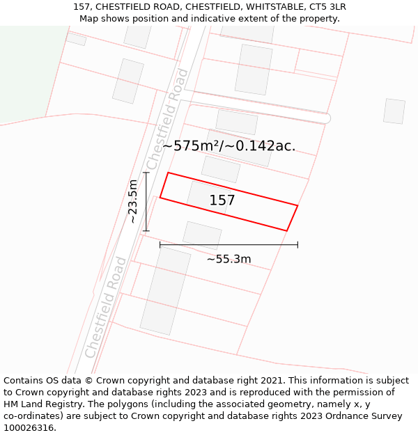 157, CHESTFIELD ROAD, CHESTFIELD, WHITSTABLE, CT5 3LR: Plot and title map