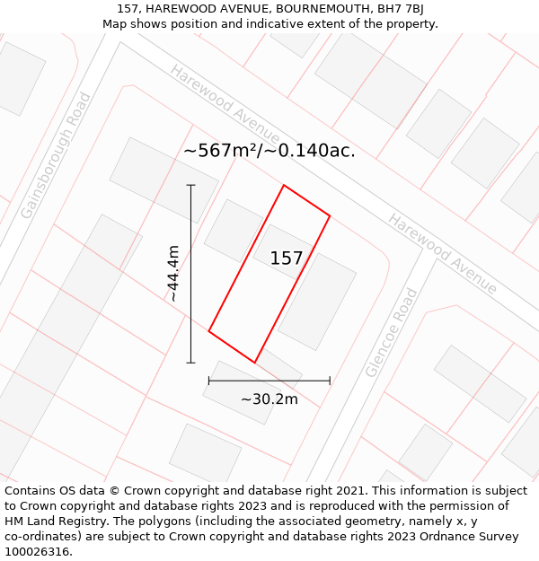 157, HAREWOOD AVENUE, BOURNEMOUTH, BH7 7BJ: Plot and title map