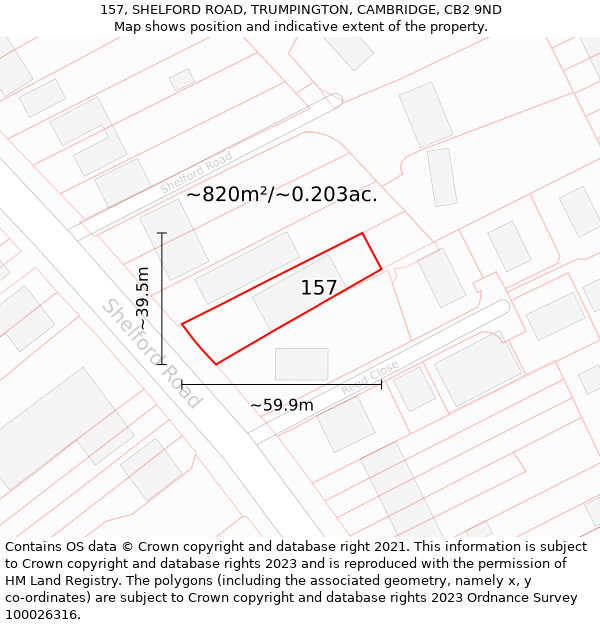 157, SHELFORD ROAD, TRUMPINGTON, CAMBRIDGE, CB2 9ND: Plot and title map