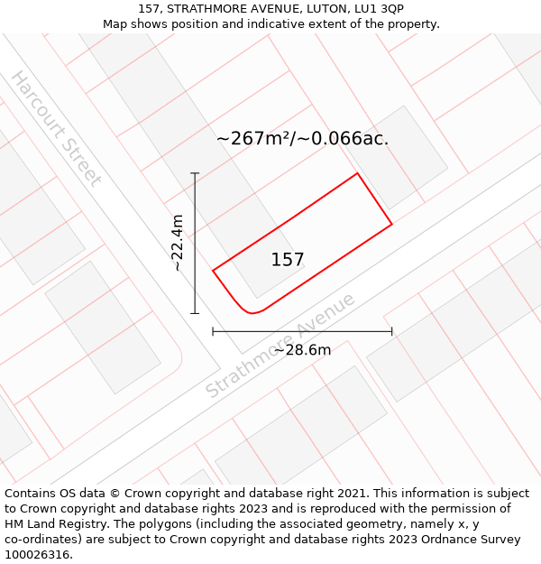 157, STRATHMORE AVENUE, LUTON, LU1 3QP: Plot and title map