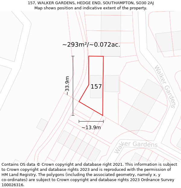 157, WALKER GARDENS, HEDGE END, SOUTHAMPTON, SO30 2AJ: Plot and title map