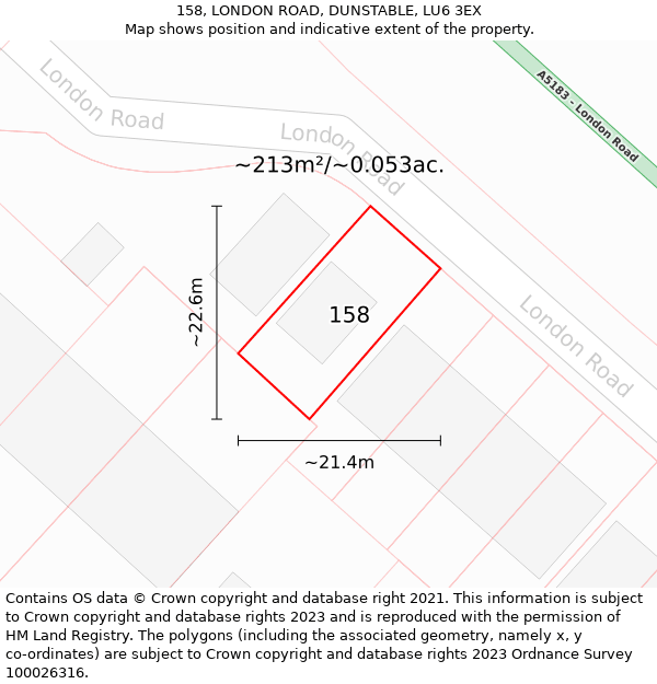 158, LONDON ROAD, DUNSTABLE, LU6 3EX: Plot and title map