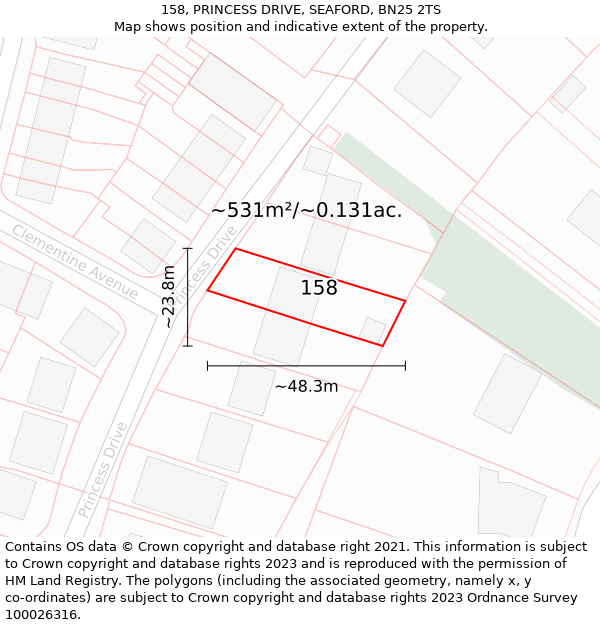 158, PRINCESS DRIVE, SEAFORD, BN25 2TS: Plot and title map