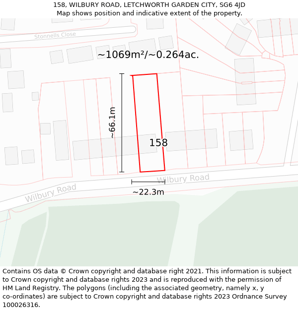 158, WILBURY ROAD, LETCHWORTH GARDEN CITY, SG6 4JD: Plot and title map