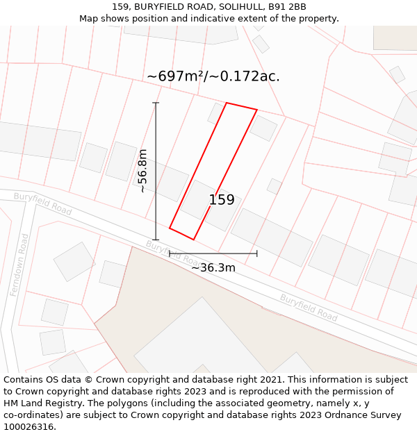 159, BURYFIELD ROAD, SOLIHULL, B91 2BB: Plot and title map