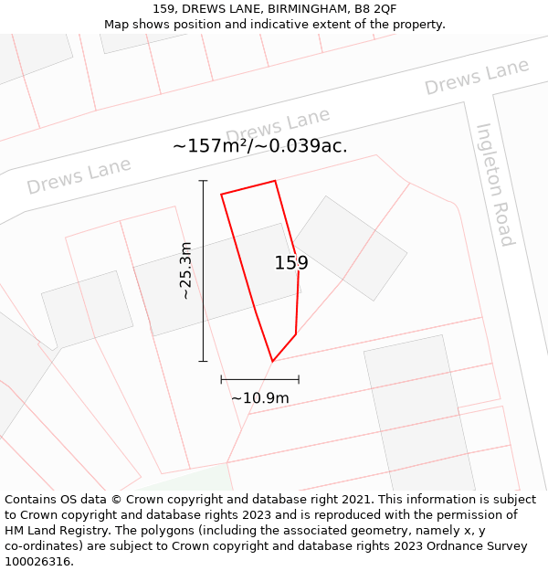 159, DREWS LANE, BIRMINGHAM, B8 2QF: Plot and title map