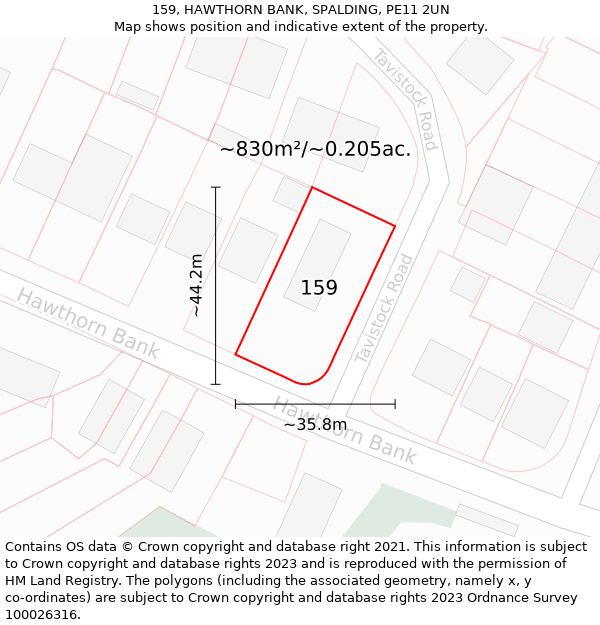 159, HAWTHORN BANK, SPALDING, PE11 2UN: Plot and title map