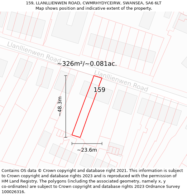 159, LLANLLIENWEN ROAD, CWMRHYDYCEIRW, SWANSEA, SA6 6LT: Plot and title map