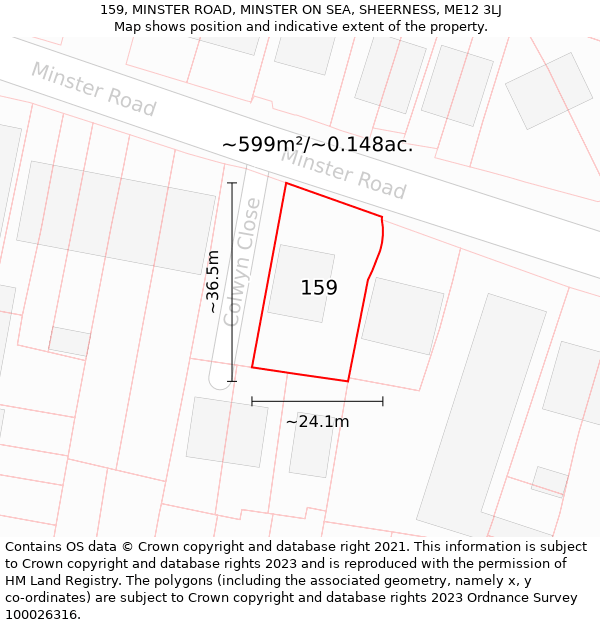 159, MINSTER ROAD, MINSTER ON SEA, SHEERNESS, ME12 3LJ: Plot and title map