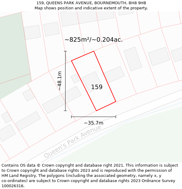 159, QUEENS PARK AVENUE, BOURNEMOUTH, BH8 9HB: Plot and title map
