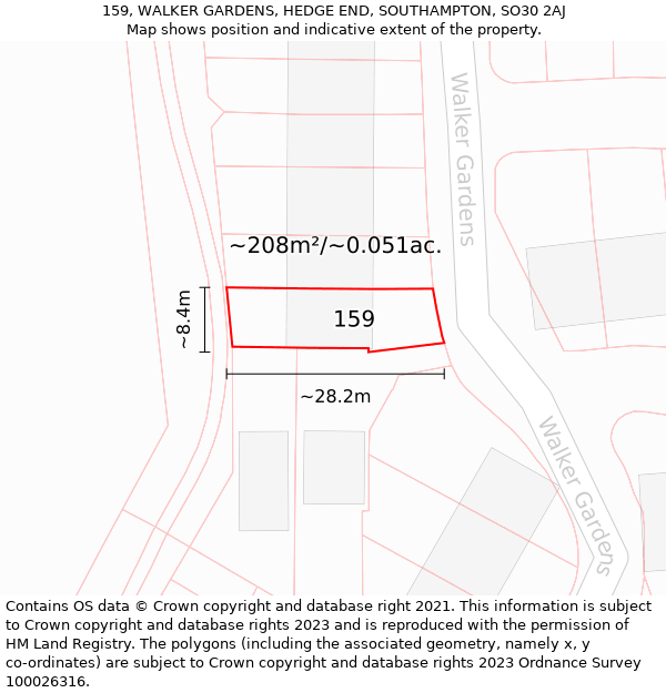 159, WALKER GARDENS, HEDGE END, SOUTHAMPTON, SO30 2AJ: Plot and title map