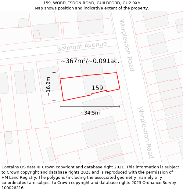 159, WORPLESDON ROAD, GUILDFORD, GU2 9XA: Plot and title map