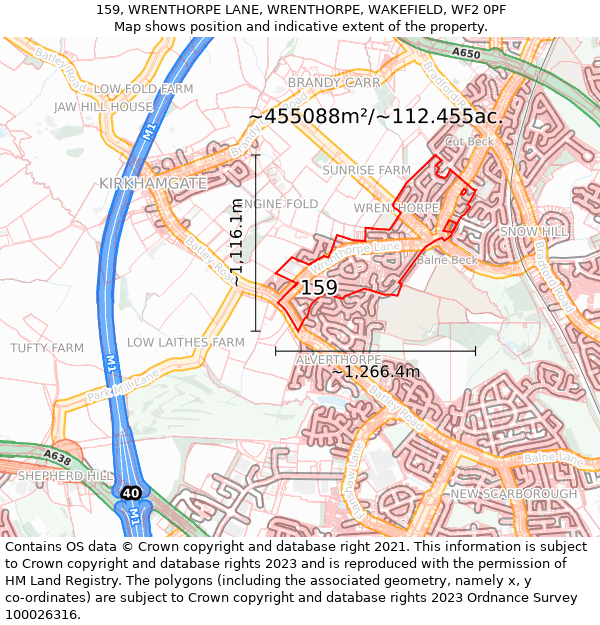 159, WRENTHORPE LANE, WRENTHORPE, WAKEFIELD, WF2 0PF: Plot and title map