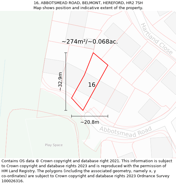 16, ABBOTSMEAD ROAD, BELMONT, HEREFORD, HR2 7SH: Plot and title map
