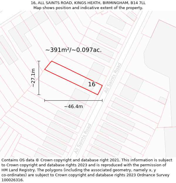 16, ALL SAINTS ROAD, KINGS HEATH, BIRMINGHAM, B14 7LL: Plot and title map