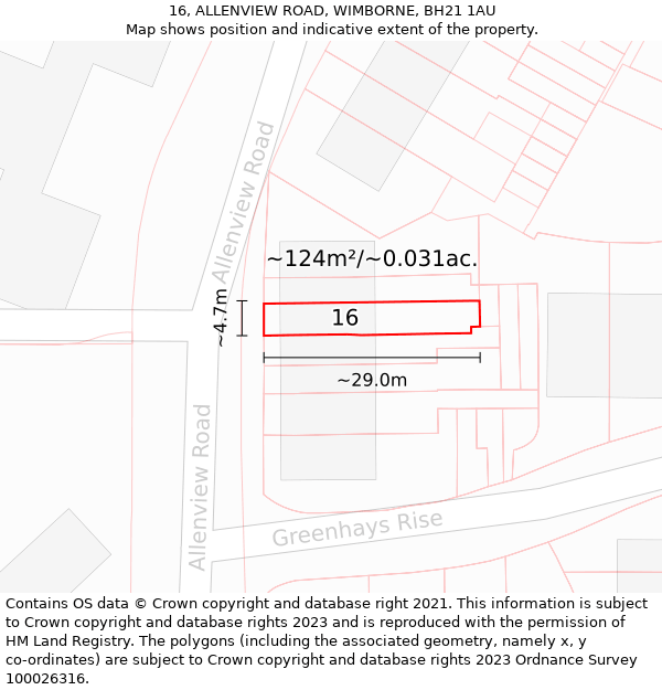 16, ALLENVIEW ROAD, WIMBORNE, BH21 1AU: Plot and title map