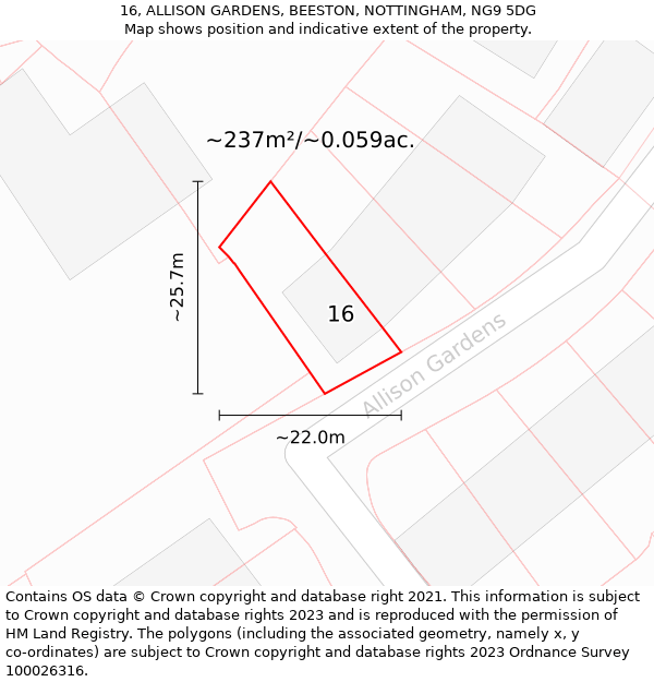 16, ALLISON GARDENS, BEESTON, NOTTINGHAM, NG9 5DG: Plot and title map