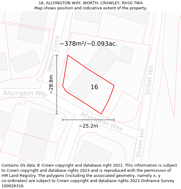 16, ALLYINGTON WAY, WORTH, CRAWLEY, RH10 7WA: Plot and title map